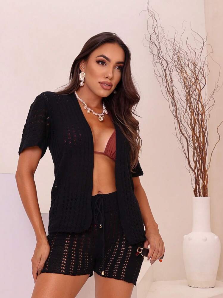 Women's Fashion Knitted Beach Cover-Up Set - 黑色 - 查看 4