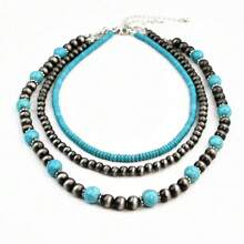 3pcs/Set Vintage Western Country Style Beaded Necklace, Retro Faux Turquoise Chain Necklace, Multi-Layer Handmade Beaded Necklace Set - Multicolor - View 1