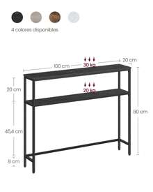 VASAGLE Mesa de Consola, Mesa Auxiliar Estrecha, 20 x 100 x 80 cm, Mesa de Entrada Moderna con 2 Estantes, para Sala de Estar, Dormitorio, Gris Carbón y Negro Tinta/Marrón Rústico y Negro Tinta/Greige Mélange y Negro Tinta/Blanco Mármol y Negro Tinta - Negro - Ver 4