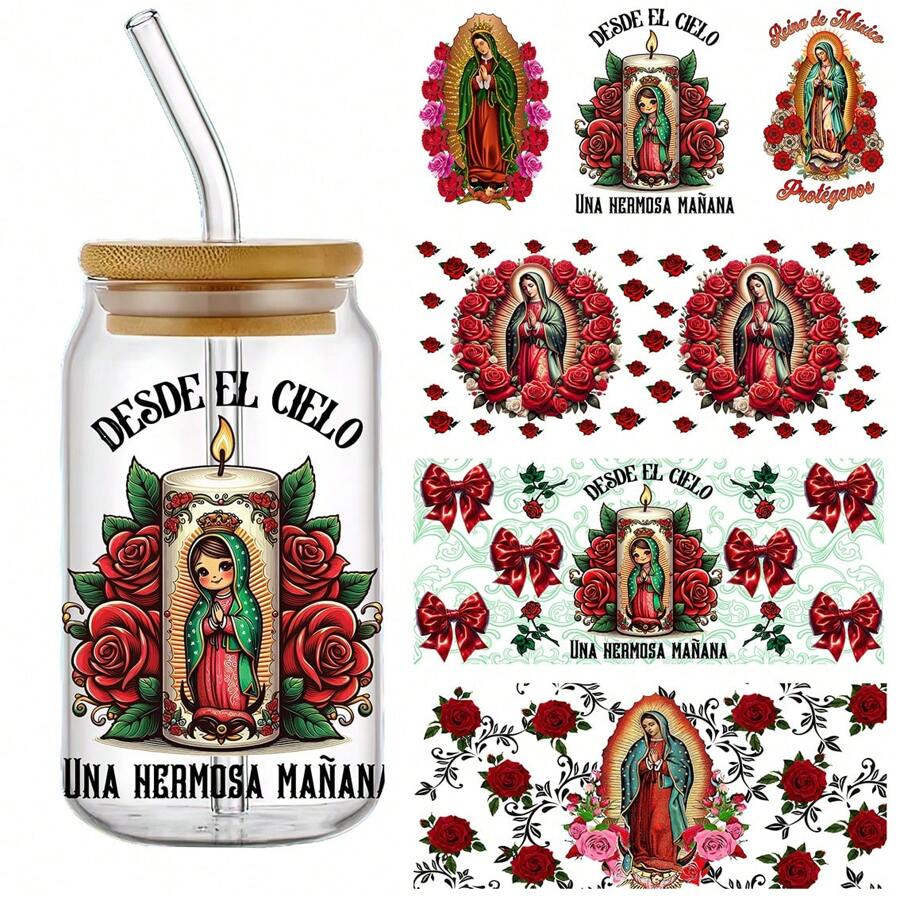 Set Of 4 Our Lady Of Guadalupe Theme UV DTF Self-Adhesive Plastic Cup Stickers, Waterproof Scratch-Resistant 3D Crystal Stickers, Suitable For Water Cups And Bottles - High Quality Stickers (4.3 Inches X 9.4 Inches) - Multicolor - View 1
