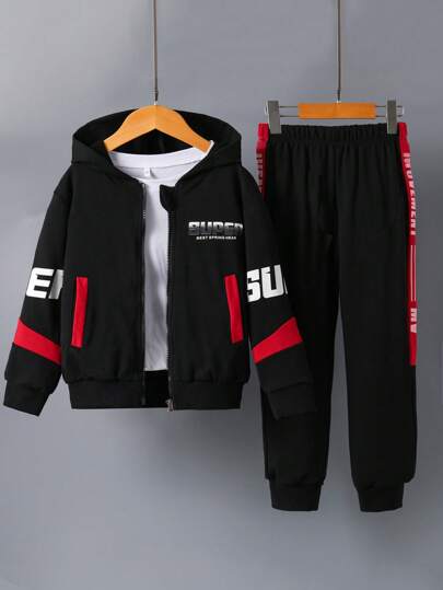 2pcs Children Autumn Sports Suit "SUPER" Print Zip-Up Jacket And Pants Set For Tween Boys Warm Sportswear