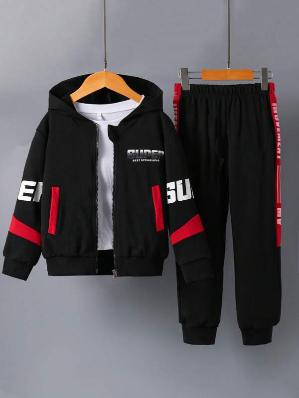 Tween-Jungen 2-teilig Kinder Herbst Sportanzug "SUPER" Print Zip-Up Jacke und Hose Set für warme Sportbekleidung