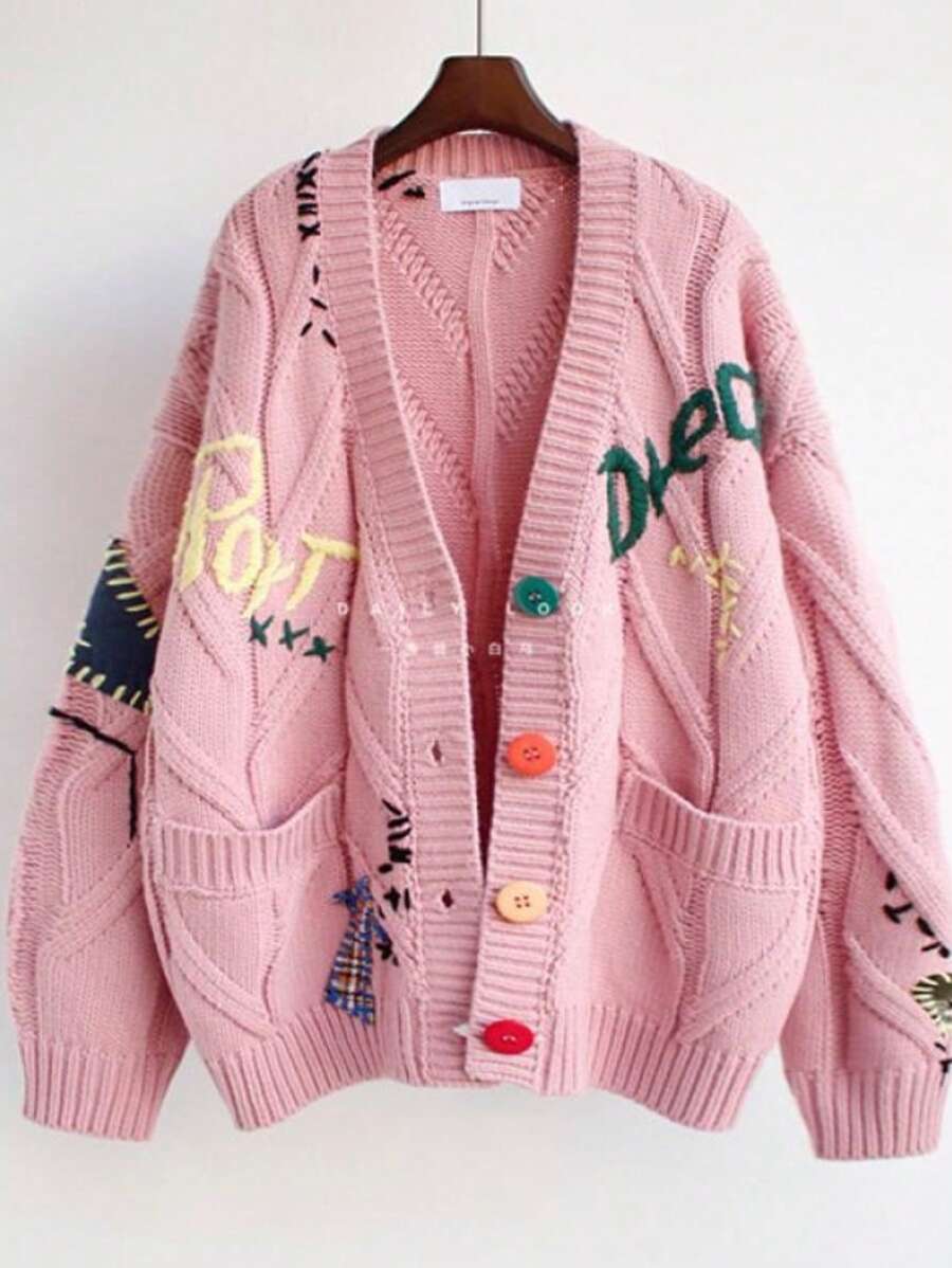Women's Chunky Knit Long Sleeve Cardigan V-Neck Button Embroidered Sweater Jacket - Pink - View 1