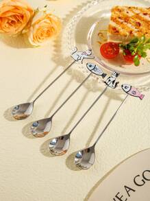 2pcs Random Color Cute Cat-Shaped Coffee Spoon And Dessert Spoon Set School Supplies Back To School