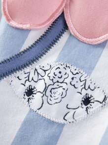 1 pieza Vestido de niña de algodón de punto de manga corta con rayas azul y blanco con decoración de bordado 3D de flores, estilo dulce para primavera y verano, transpirable