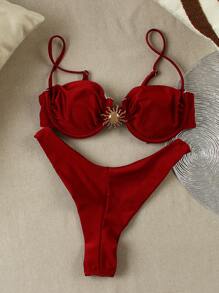 Sexy Solid Color Women Bikini Swimwear - Burgundy - View 1