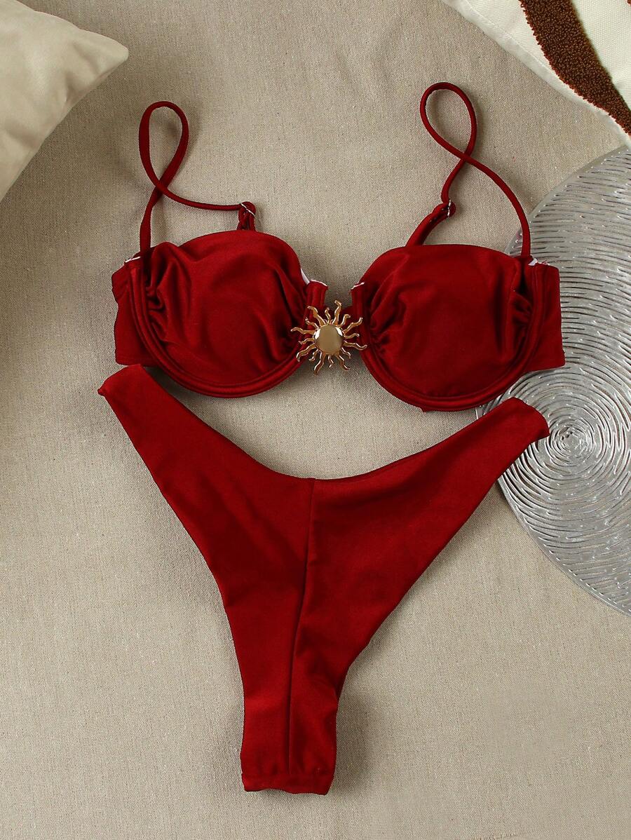 Sexy Solid Color Women Bikini Swimwear - Burgundy - View 1