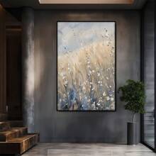 Le foin haut et les fleurs sauvages sont neutres. Grande peinture murale encadrée en bois, décoration d'intérieur, peinture à l'huile - Chambre, salle de bain, salon, bureau, cuisine, cadeaux de Noël - 1 pièce