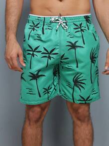 Men's Beach Shorts With Tree Print And Pocket - màu xanh lá - Xem 6