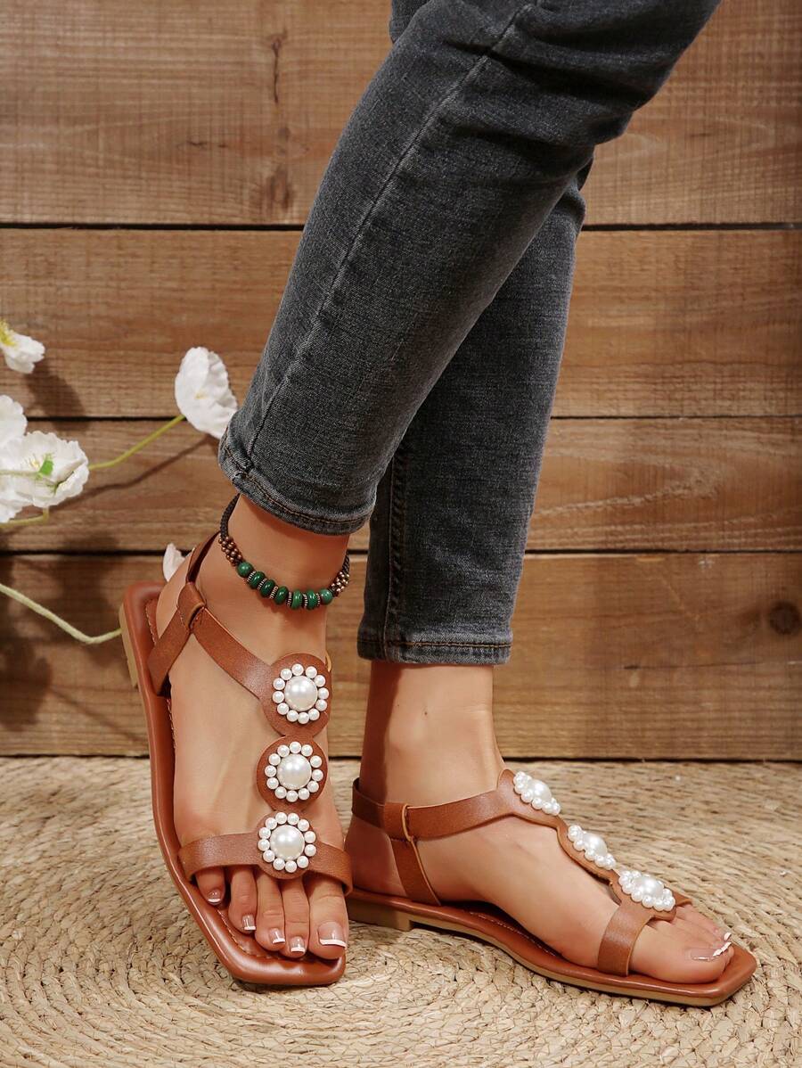 New Women's Sandals, Summer Open Toe Flat Low Heel Non-Slip Soft Bottom Comfortable Versatile Plus Size - Brown - View 1