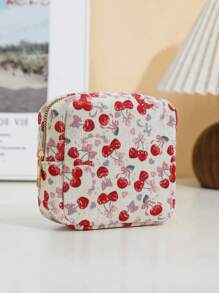 1 Piece Stylish Flower Print Bow Cherry Strawberry Print Wick Sanitary Napkin Storage Bag Mini Cosmetic Bag, Multifunctional Sanitary Napkin Storage Bag Small Square Bag, Small Cosmetic Travel Bag Toiletries Storage Bag For Women/Girls, Cute Zipper Bag Coin Purse College Style Suitable For School, Work, Travel, Cosmetic Bag, Cosmetic Bag, Skin Care Bag, Toiletry Bag, Packaging Box, Travel Supplies