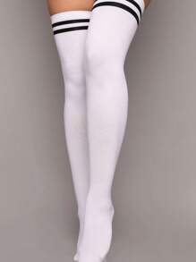 1pc Women's Contrast Striped Thigh High Socks, Thick Over-The-Knee Socks, Y2k, Cozy - White - View 3