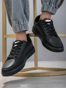 男士运动鞋，时尚休闲系带滑板鞋，个性化街头风格运动鞋 - 黑色 - 查看 5