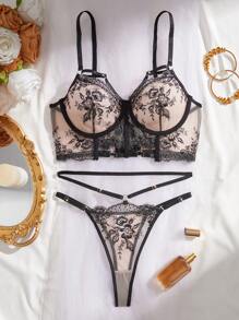 Conjunto de lencería sexy para mujer, sujetador de malla negra con bordado floral transparente, ropa interior para el Día de San Valentín, ropa de fiesta