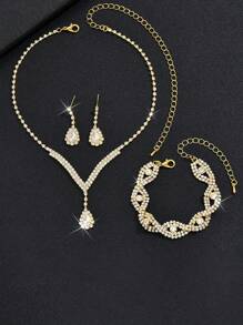 4 pièces / set Collier, boucles d'oreilles et bracelet entièrement sertis de strass en forme de V