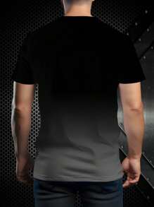 男士渐变字母印花T恤 - 休闲圆领短袖，舒适透气，可机洗 - 时尚夏季上衣，变色设计 - 黑色 - 查看 2