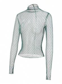 Women T-Shirt, Long Sleeve Turtleneck Swiss Dots See-Through Slim Fit Sheer Tops Clubwear - Army Green - View 5
