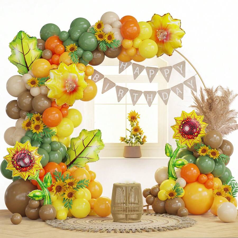 Conjunto de decoración de arco con globos de girasol, globos de color amarillo mostaza neutro, beige y marrón con globos de lámina de girasol, adecuado para decoración de fiesta de boda, cumpleaños o fiesta temática de girasol o abeja - Multicolor - Ver 1