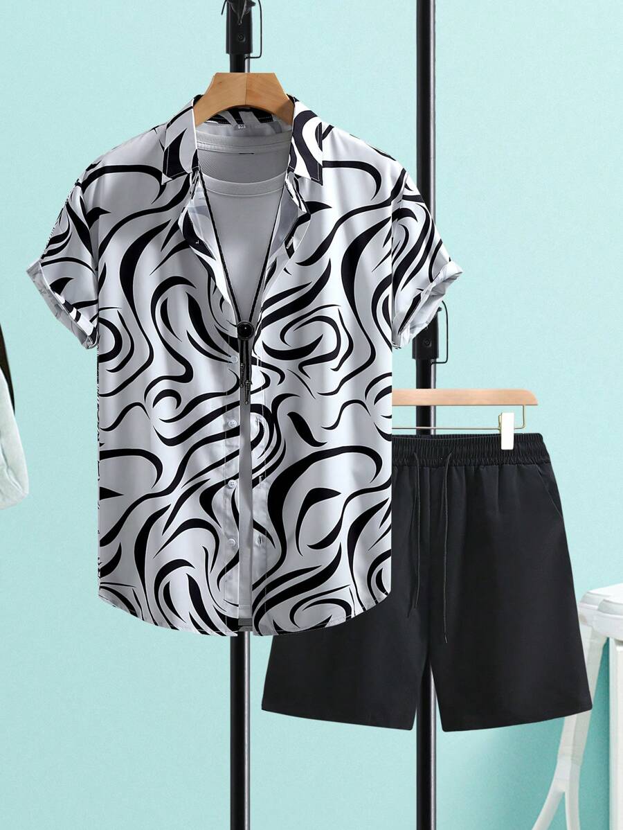 Black & White Striped Print Short Sleeve Shirt And Solid Color Shorts 2Pcs Set, Summer - Black and White - View 1