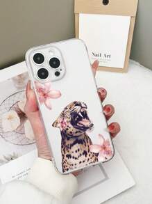 Fierce Animals 1pc TPU Hoge Transparante Kleurrijke Gedrukte Luipaard & Bloemenpatroon Schokbestendige Telefoonhoes Compatibel met iPhone 11/12/13/14/15/16 Pro Max