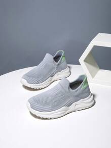 1 Pair Kids' Knitted Sneakers, Slip-On Breathable Running Shoes, Casual Fashion Mesh Sneakers For Students - Grey - View 3