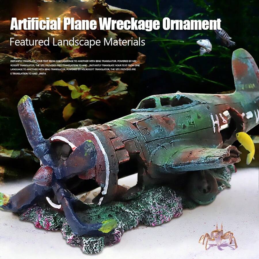 1PC Artificial Plane Wreckage Ornament Shelter House Resin Craft For Aquarium Fish Tank Landscaping Decoration - As show - View 1
