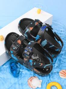 Kids' Beach Slippers, Summer Slip-On Sandals, Girls' Open Toe Sandals, Breathable Water Shoes, Printed, Hook And Loop, Outdoor Shoes - Black - View 6