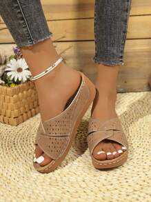 Women's Summer Criss-Cross Open Toe High Heel Casual Sandals With Hollow-Out Design, Thick Platform, Rhinestone Decor, Suitable For Outdoor Wear