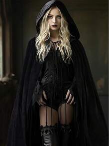 Black Witch Velvet Cloak Halloween Hooded Cape Queen King Robe Outfit Renaissance Medieval Costume Halloween Velvet Cloak Cape With Hood Hooded Cloaks - màu đen - Xem 5