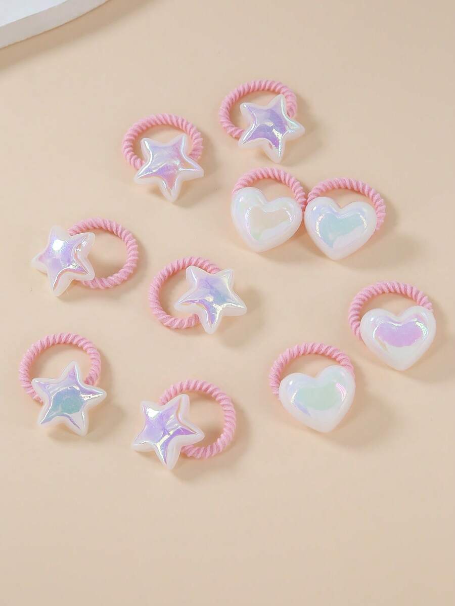 10pcs Set Shiny Heart & Star Shaped Hair Ties Elastic Bands, Cute Toddler Thumb Ring, Baby Hair Accessories, High Elasticity & Gentle For Girls