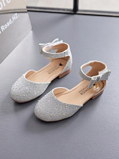 1 双女童水钻亮片包头高跟凉鞋，公主软底舞鞋，带踝带
