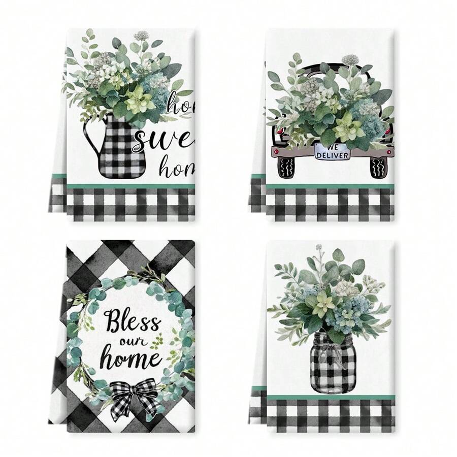 2/4 件装水牛格子和桉树叶印花厨房洗碗巾，现代风格春夏洗碗布、手巾，适用于擦干碗碟、厨房抹布、耐热桌垫、家居必需品和节日礼物 - 彩色 - 查看 1