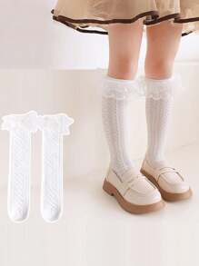 1 双新款日式欧根纱蝴蝶结、心形珠饰、水晶条纹玻璃纤维女童长筒袜 - 白色 - 查看 8