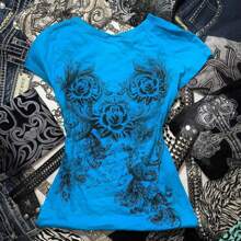 Women Y2K Graphic T-Shirts Summer Short Sleeve Punk Gothic Tops Vintage 90s Aesthetic Emo Tees Clothes Streetwear For E-Girls Slim Fit T Shirt Casual Tops Streetwear - 藍色 - 查看 4