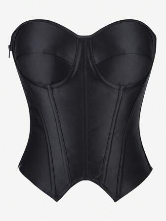 Overbust Corset Top Bustier, Striped With Cups, Strapless Women's Bodysuit, Slimming Shapewear, Suitable For Costume Parties, Halloween, Pure Black Color