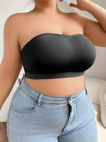 Plus Size Strapless Bandeau Bra Women's Push Up Top Anti Slip Solid Side Closure Removable Padded Elegant Gym Tank Top - Black - View 5