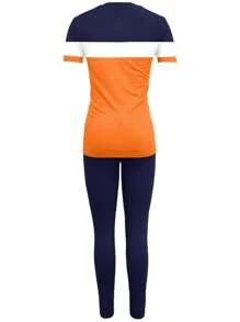 Color Block Printed Short Sleeve Top And Leggings Sports Set Summer - Blue - View 3