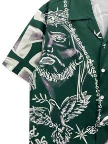 Men's Four-Way Stretch Shirt With Abstract Cross, Face, And Bird Prints, Green - 軍綠色 - 查看 4