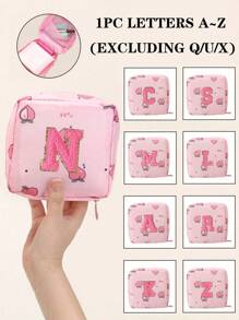 A-Z First Letter Towel Pearl Embroidered Portable Sanitary Napkin Storage Bag - Large Capacity Waterproof Cartoon Design - Suitable For Girls In Their Menstrual Period! Waterproof Cosmetic Travel Bag, Coin Wallet, Teen Girl Cash Bag