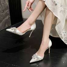 French Style High Heels For Women With Rhinestones, White Wedding Bride Shoes, Elegant Socialite Hollow Dress Shoes - White Single Shoes 9cm - View 3