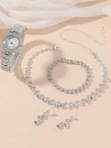 4 件/套女士石英手表，带花卉表盘，银色，适合日常使用，无盒