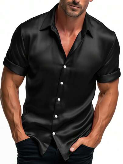 NITAGUT Plus Size Men's Casual Lightweight & Breathable Satin Short Sleeve Shirt, Suitable For Summertime