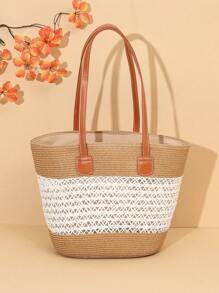 Spring Summer New Straw Woven Shoulder Bag, Classic Versatile, Lace Splice Bohemian Polyester Hollow Out Hat, Suitable For Spring Summer Autumn