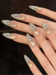 10 Pcs Luxury Handmade Press On Nails Super Long Almond False Nails Full Drilling Design False Nails With 3 Pieces Tool Adhesive Nail Glue Tabs Suitable For Ladies And Girls To Attend Holiday Parties.When This Product Is Waving Your Fingertips, There May Be Flashes Falling. Please Be Careful.Wish You Happy Every Day.Makes Me More Motivated.Five-Star. Nail Supplies Nails