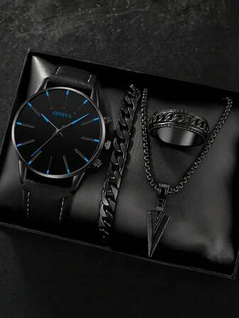 4 件男士时尚礼品套装：圆形表盘休闲仿皮石英表、黑色箭头项链、手链和戒指 - 男士商务休闲配饰