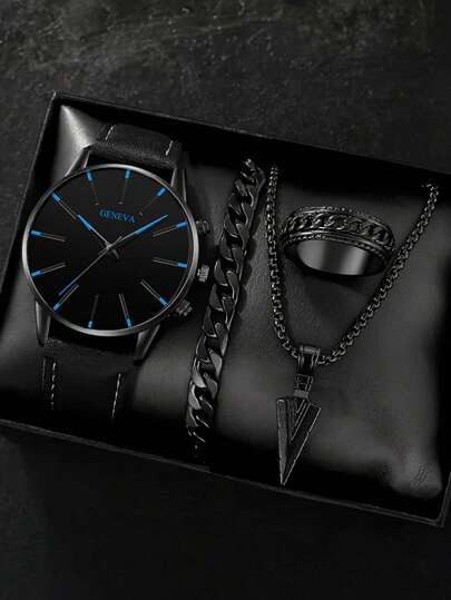 4 pièces Ensemble cadeau mode pour homme : Montre à quartz casual à cadran rond, collier flèche noire, bracelet et bague - Accessoires casual business pour homme