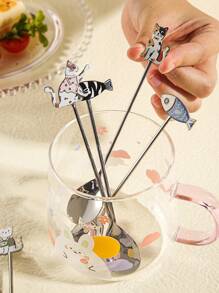 2pcs Random Color Cute Cat-Shaped Coffee Spoon And Dessert Spoon Set School Supplies Back To School