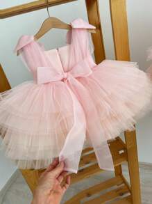 Váy công chúa không tay bằng vải tuyn nơ 3D Giáng sinh màu hồng cho bé gái, Đầm dự tiệc thanh lịch cho sinh nhật, đám cưới, những dịp trang trọng, mọi mùa - Màu Hồng baby - Xem 3