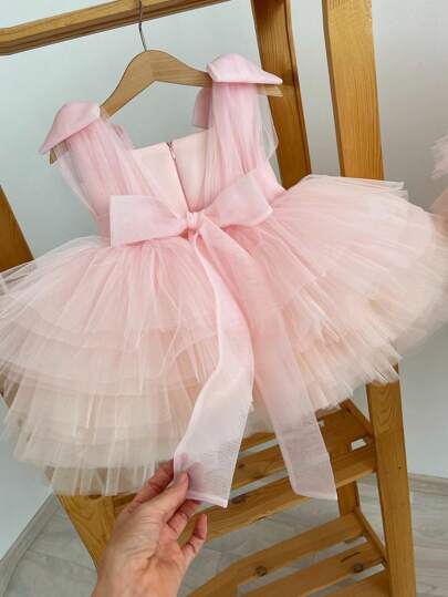 Baby Girls' Pink Christmas 3D Bow Tulle Sleeveless Princess Cake Dress, Elegant Party Dress For Birthday, Wedding, Formal Occasions, All Season