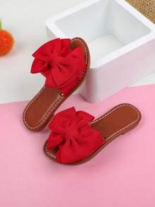 一双女童夏季平底拖鞋蝴蝶结设计软底休闲沙滩鞋时尚拖鞋 - 紅色 - 查看 6